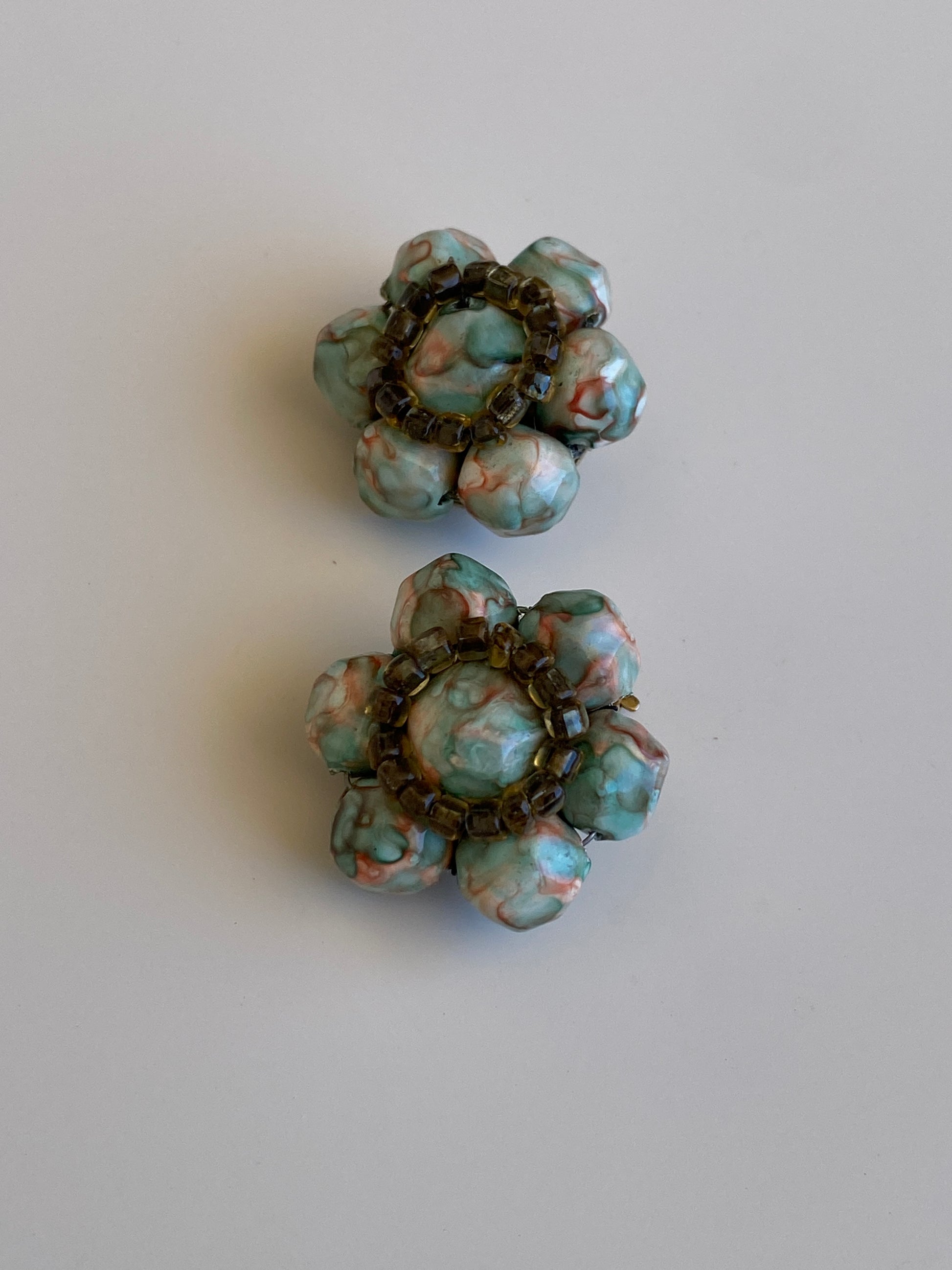Vintage 1950s Pastel Beaded Floral Clip-On Earrings Turquoise Marble Lucite Cluster Statement Earrings Vintage 1950s Pastel Beaded Floral Clip-On Earrings Turquoise Marble Lucite Cluster Statement Earrings