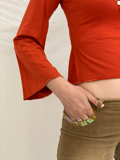 Y2K Exzotica Orange Embellished Graphic Top with Coin Details - S