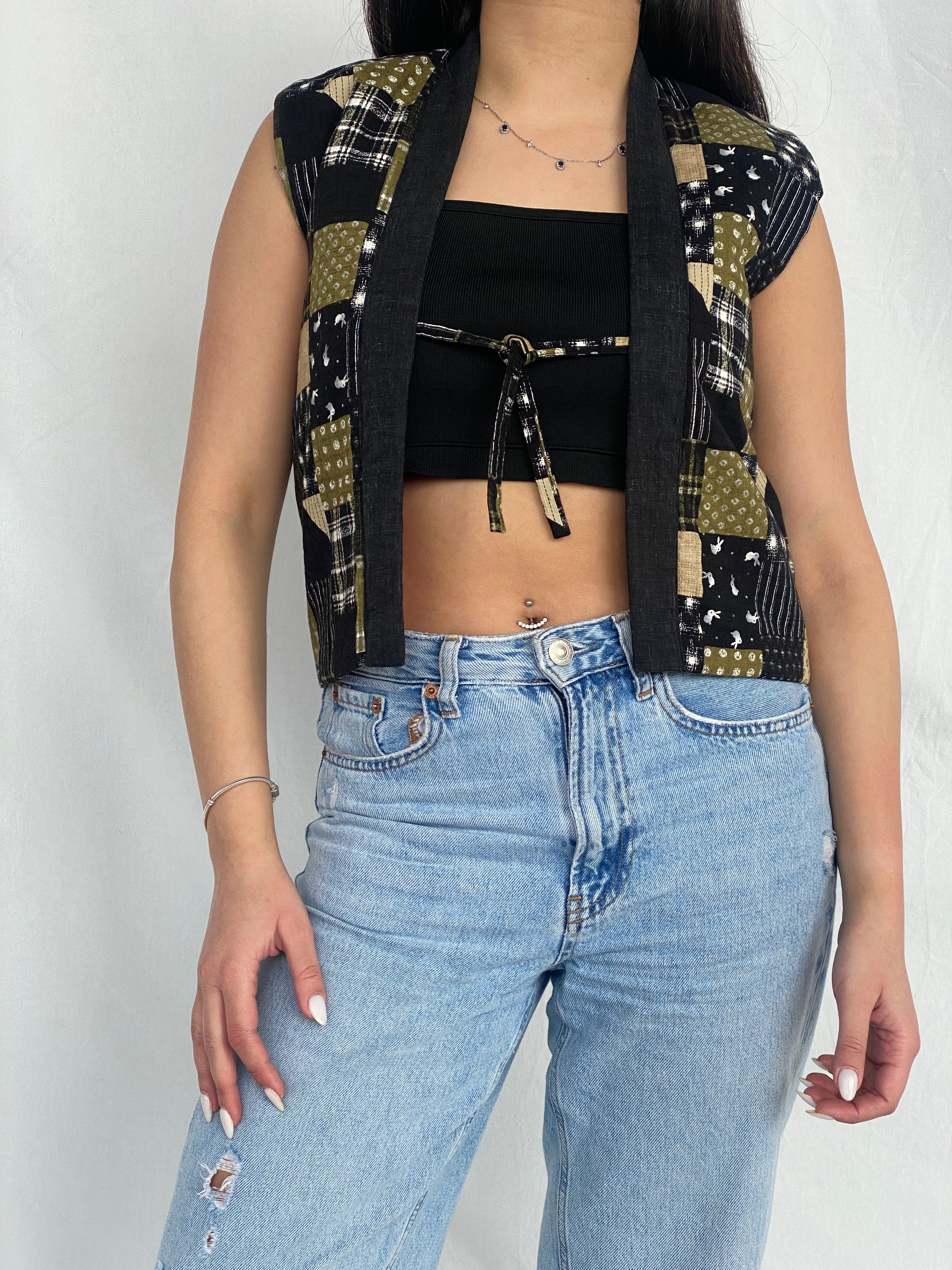 Vintage Japanese Green & Black Patchwork Tie-Front Vest with Embroidered Back - XS