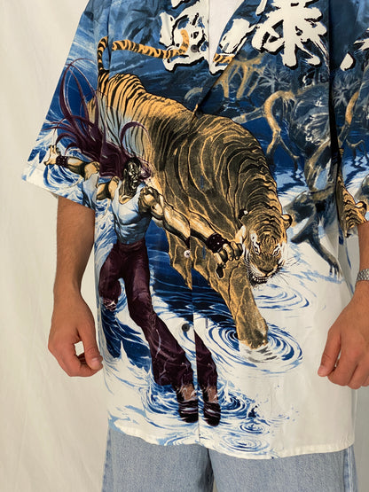 Vintage Billionbay Japanese Tiger Graphic Shirt Blue Y2K Anime Streetwear Button Up Camp Shirt - XL