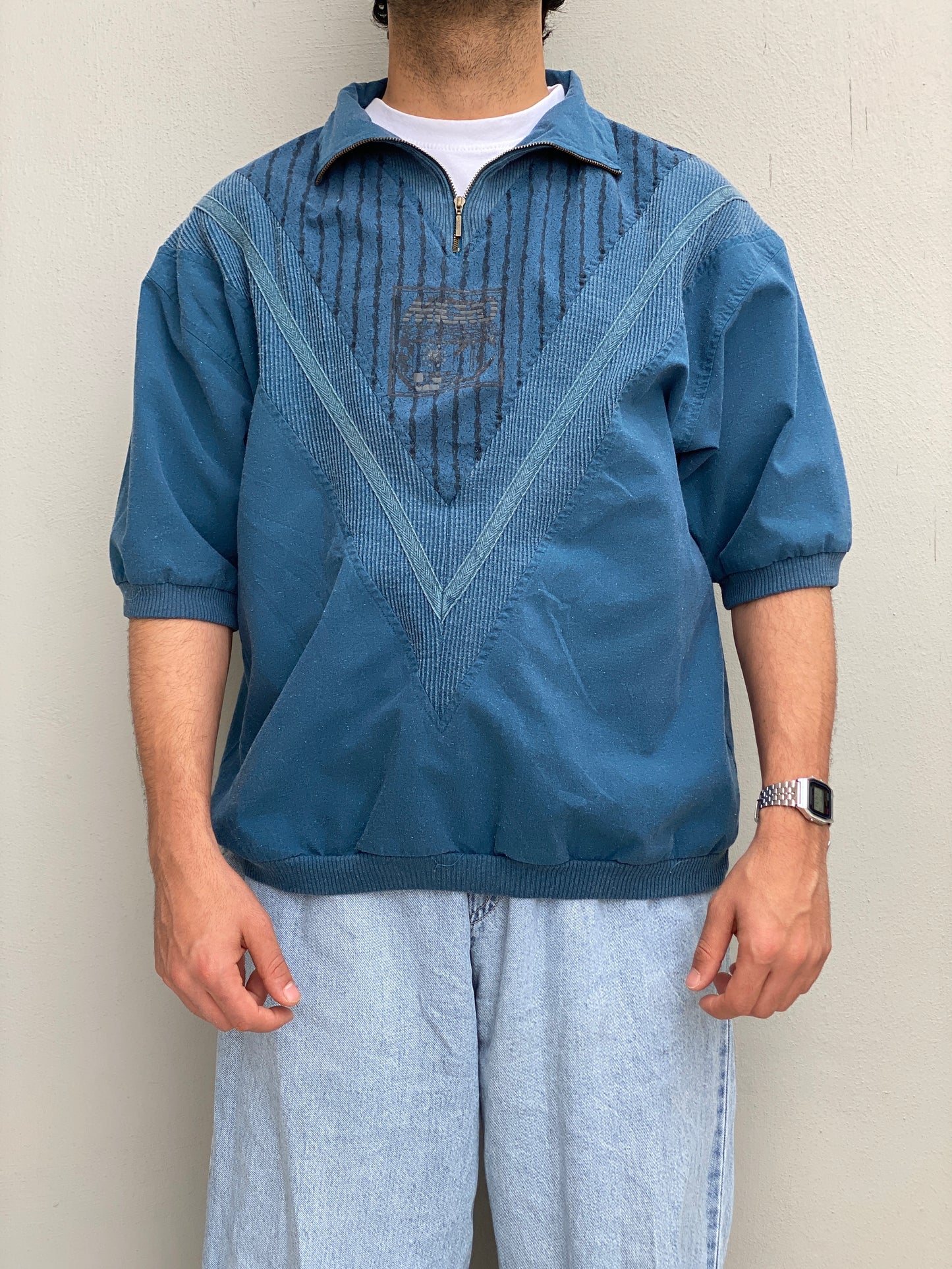 Vintage 90s Blue Men’s Quarter Zip Textured Cotton Blend Pullover Top – M