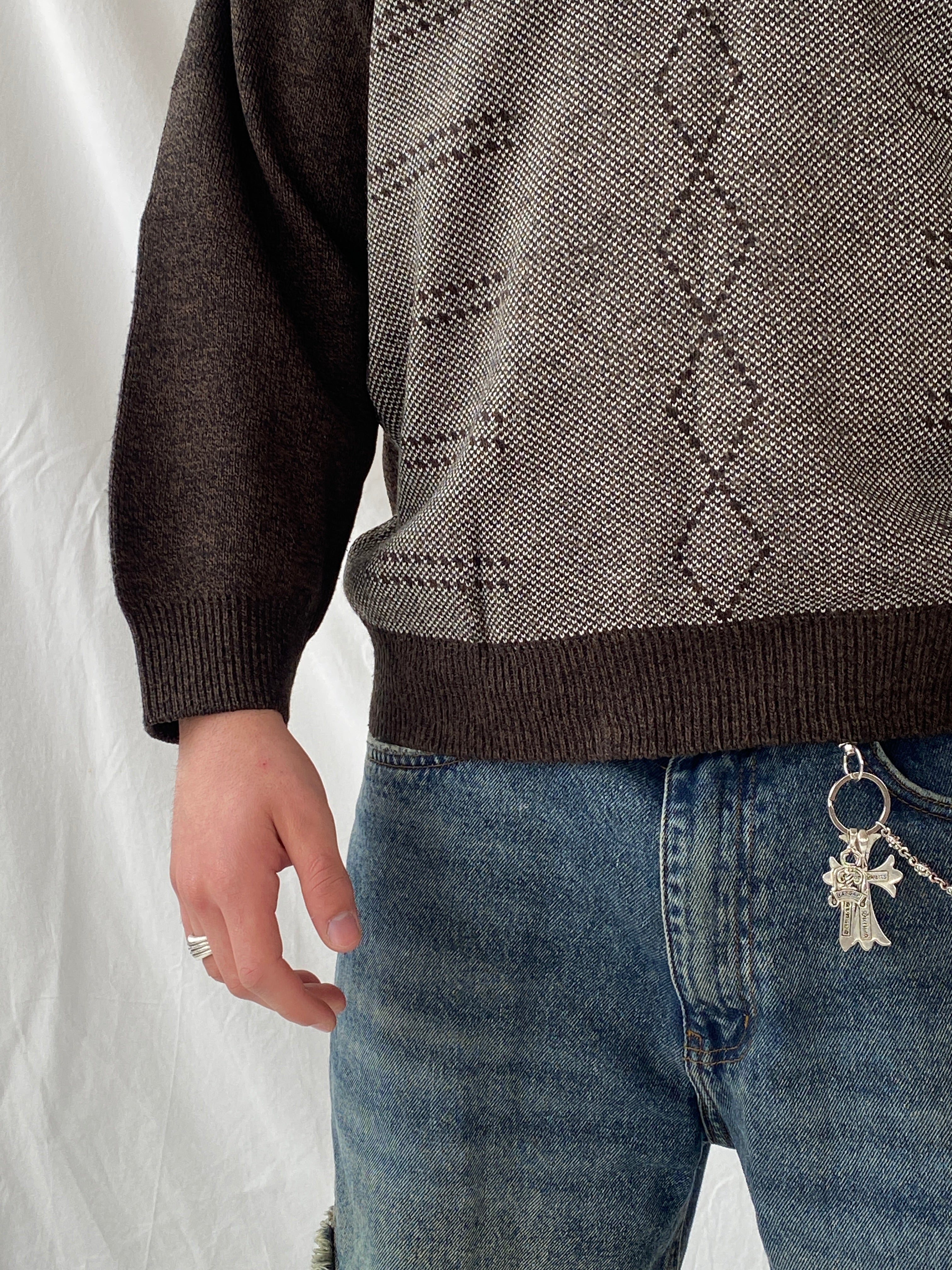 Vintage ÖzSalih Collection Brown Jumper V-Neck Knitted Sweater - M