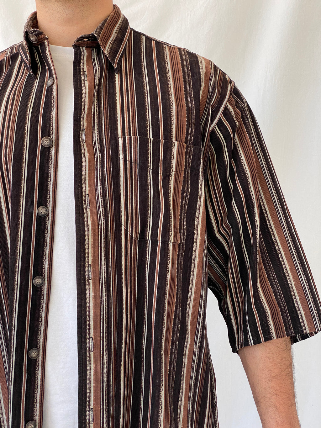 Vintage Him Collection Brown Striped Cotton Oversized Fit Corduroy Button Down Men’s Shirt - XL