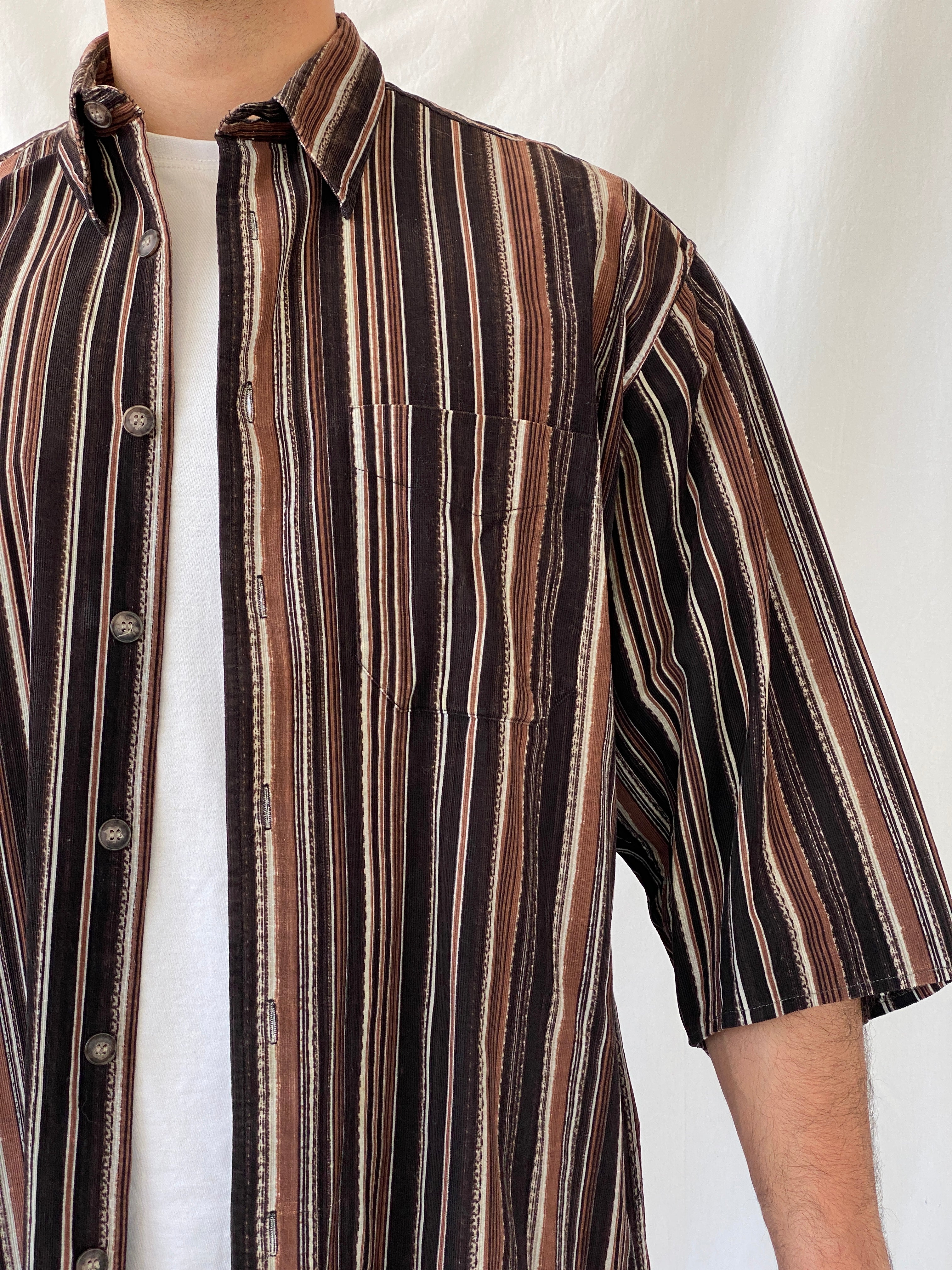 Vintage Him Collection Brown Striped Cotton Oversized Fit Corduroy Button Down Men’s Shirt - XL
