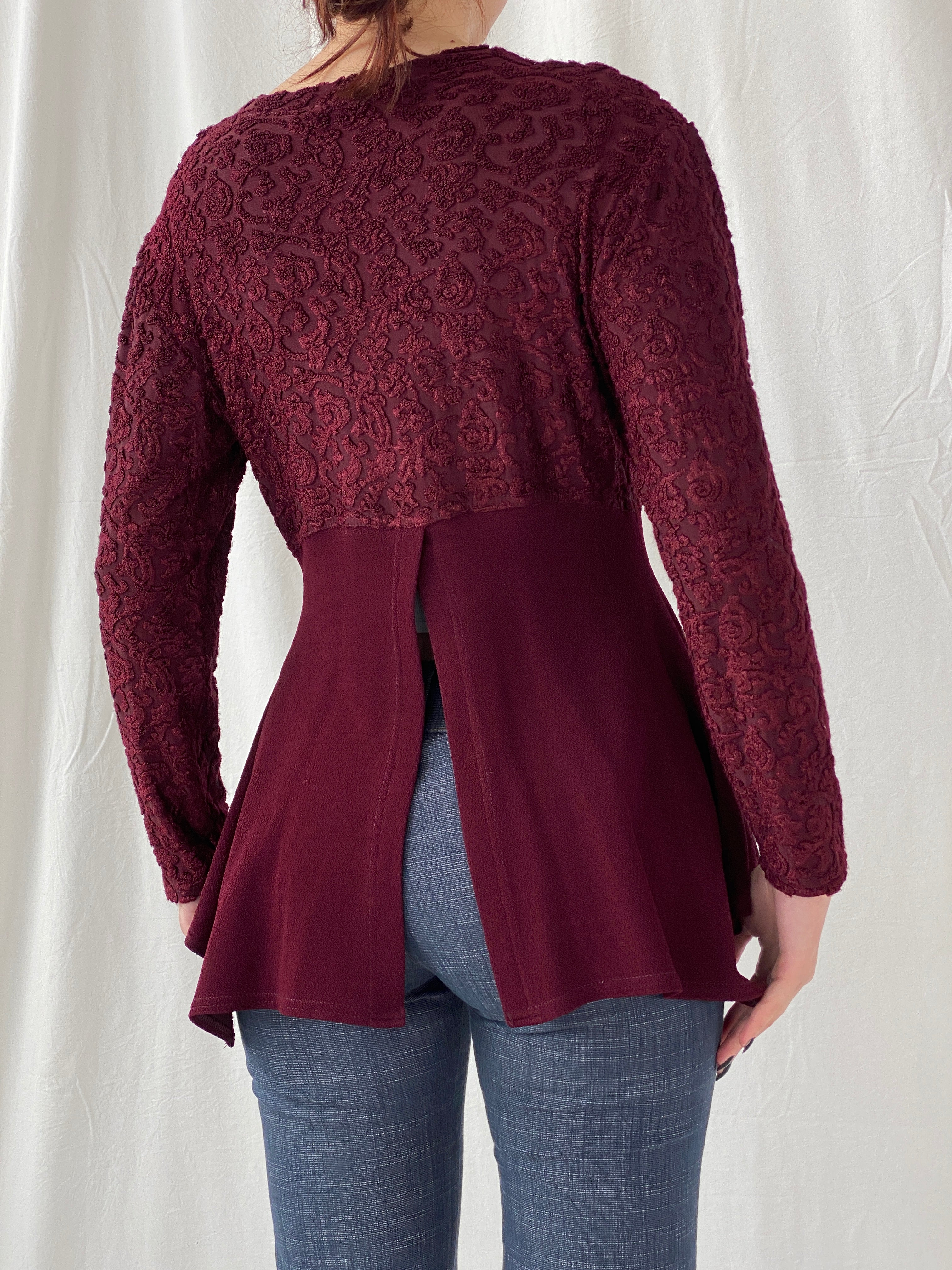 Vintage Vestino Italy Maroon Floral Lace Buttoned Split Cardigan - M