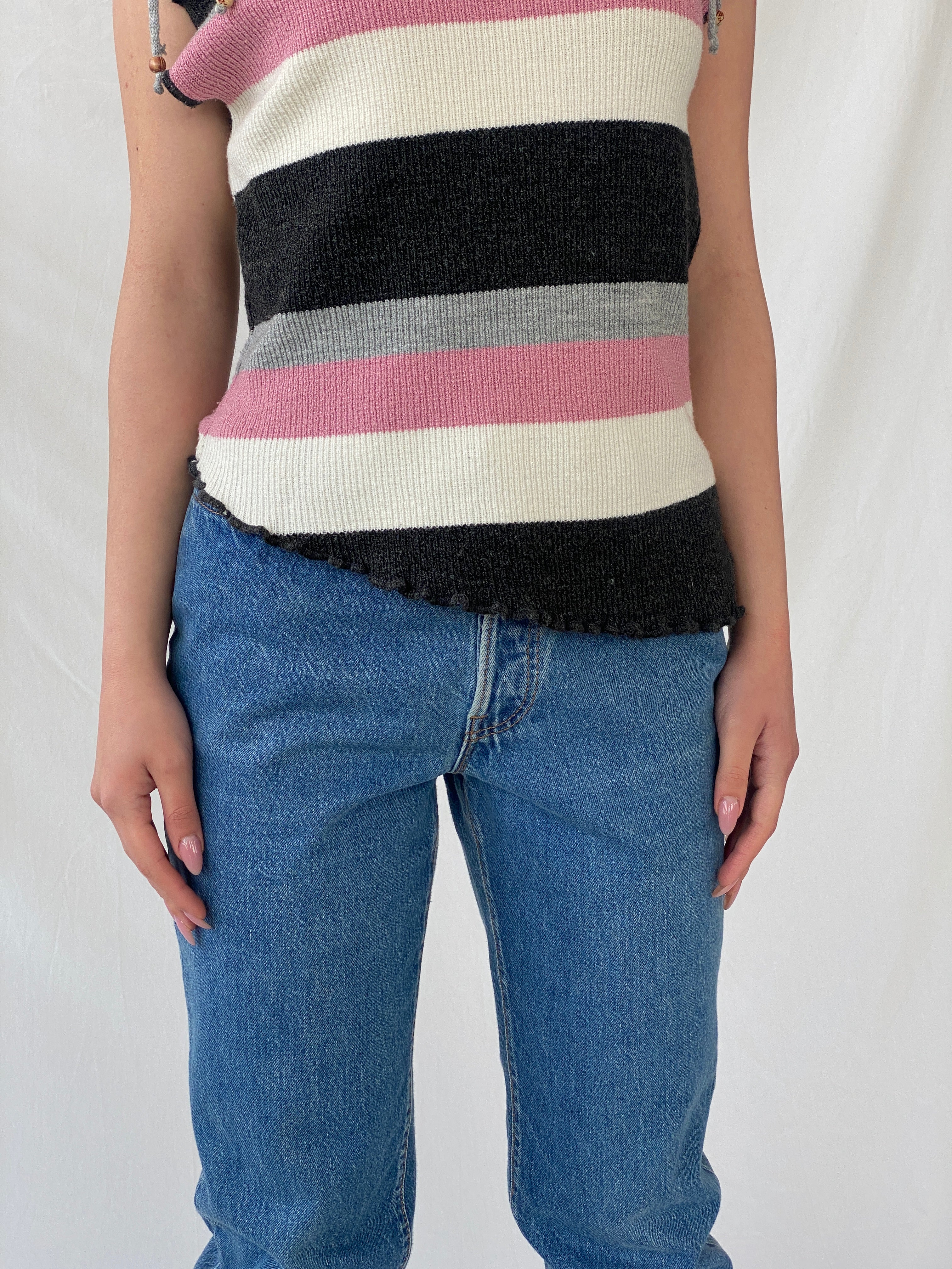 Y2K Pink Striped Asymmetric Off Shoulder Top - M