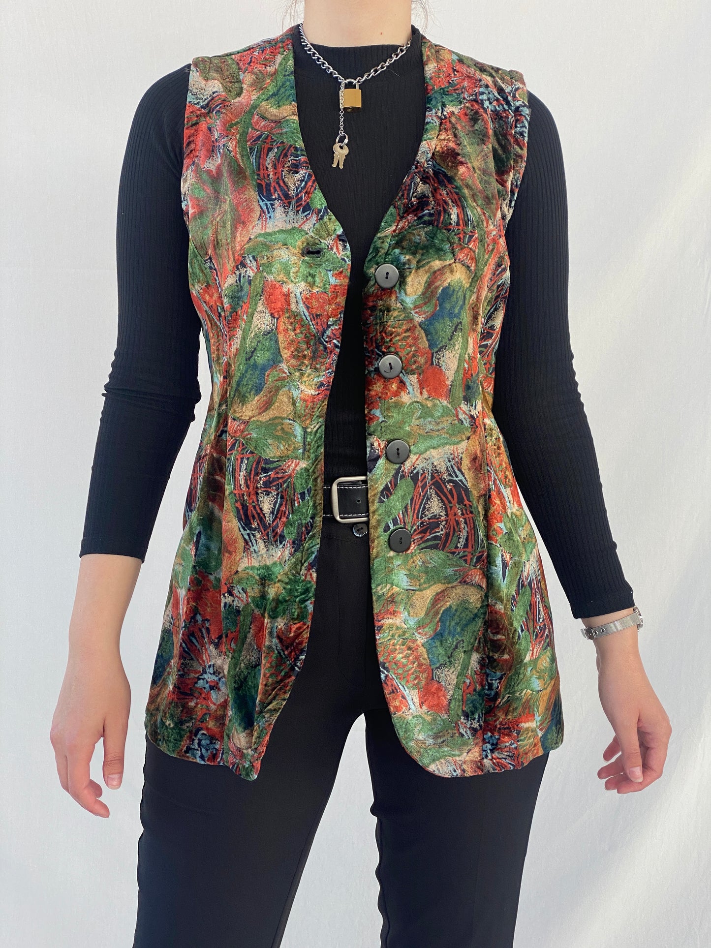 Vintage 90s Floral Orange & Green Velvet Buttoned Long Vest - XL