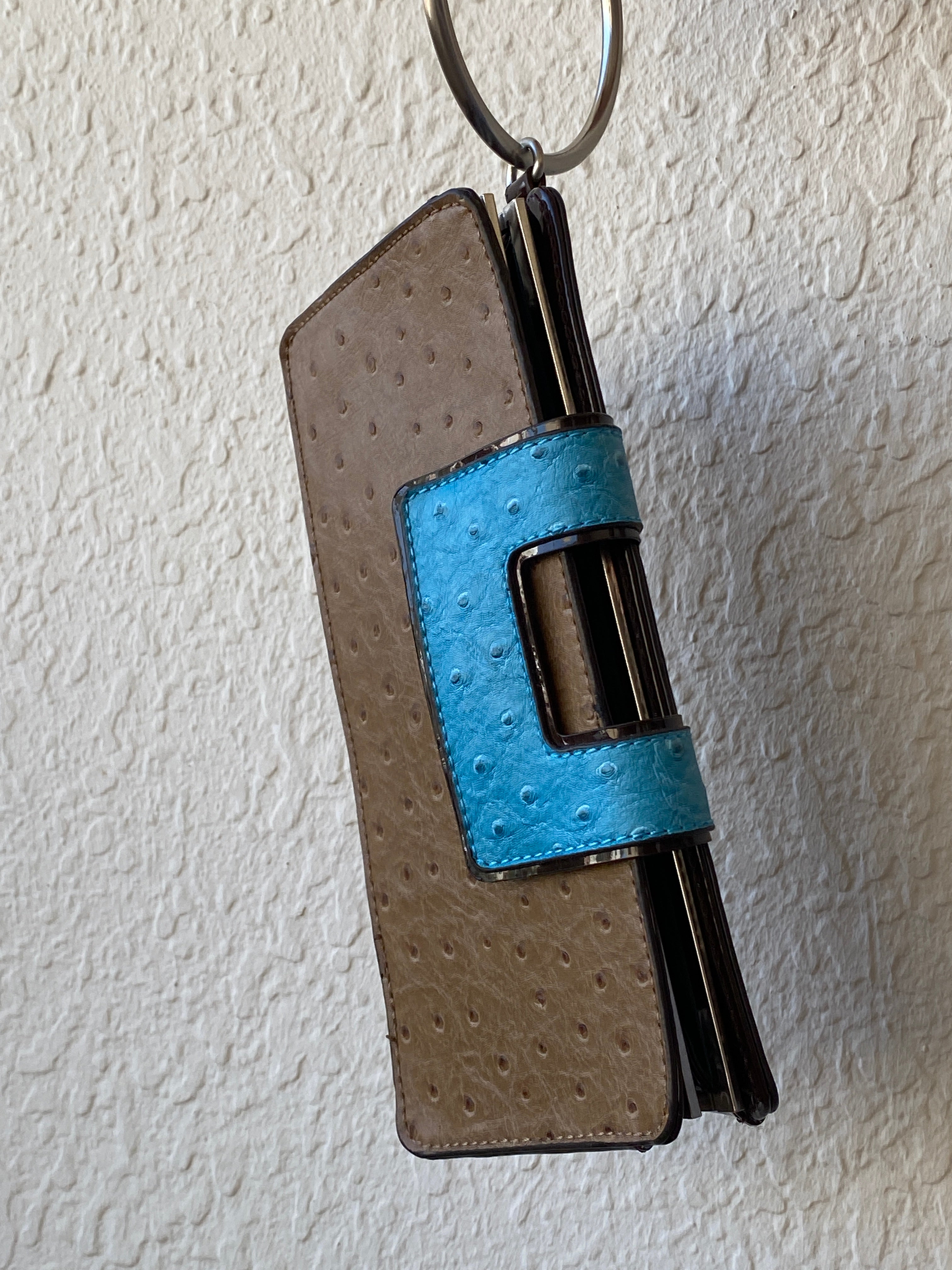 The Limited Ostrich-Embossed Clutch Bag – Tan & Turquoise with Metal Handle