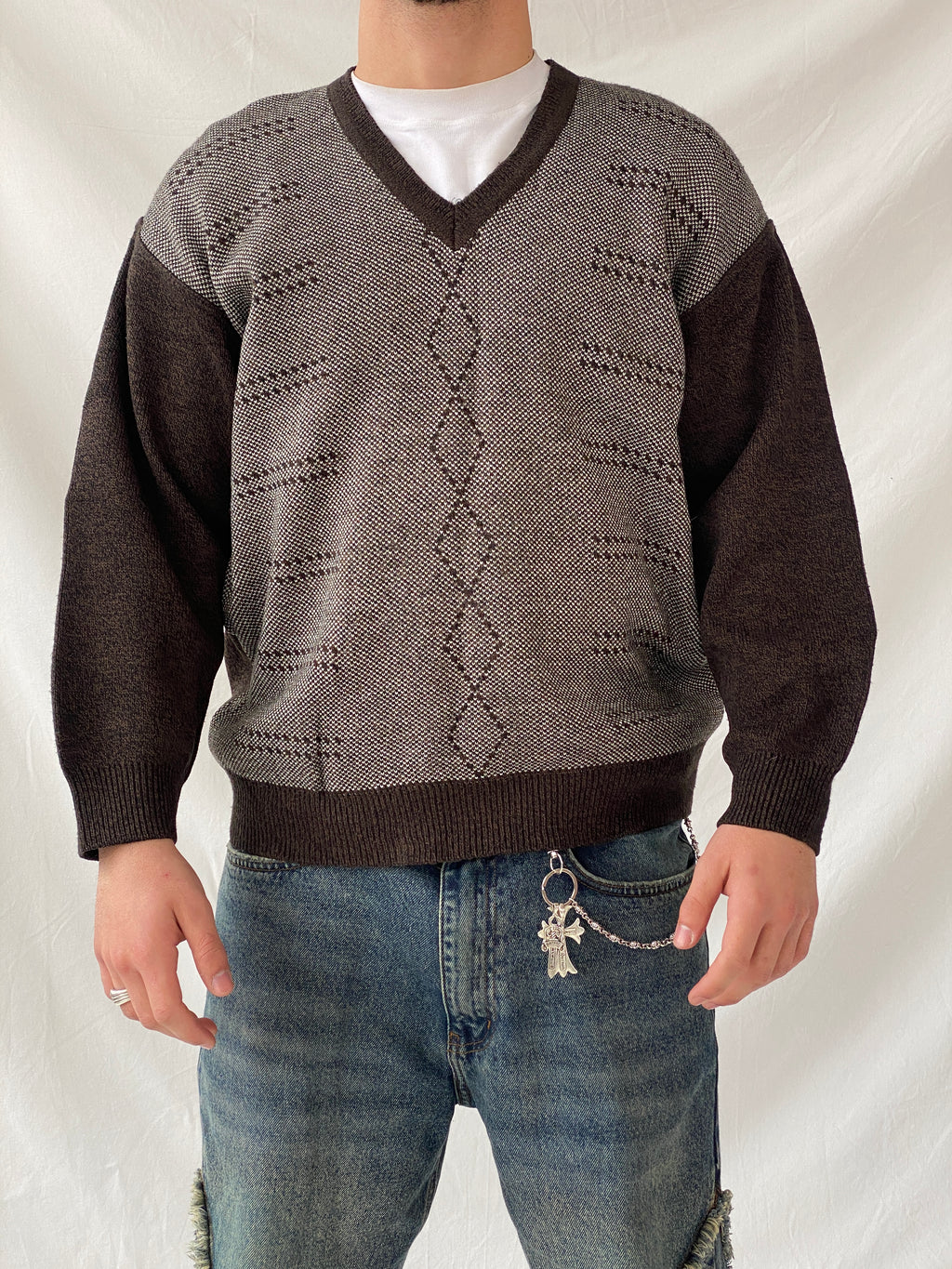 Vintage ÖzSalih Collection Brown Jumper V-Neck Knitted Sweater - M