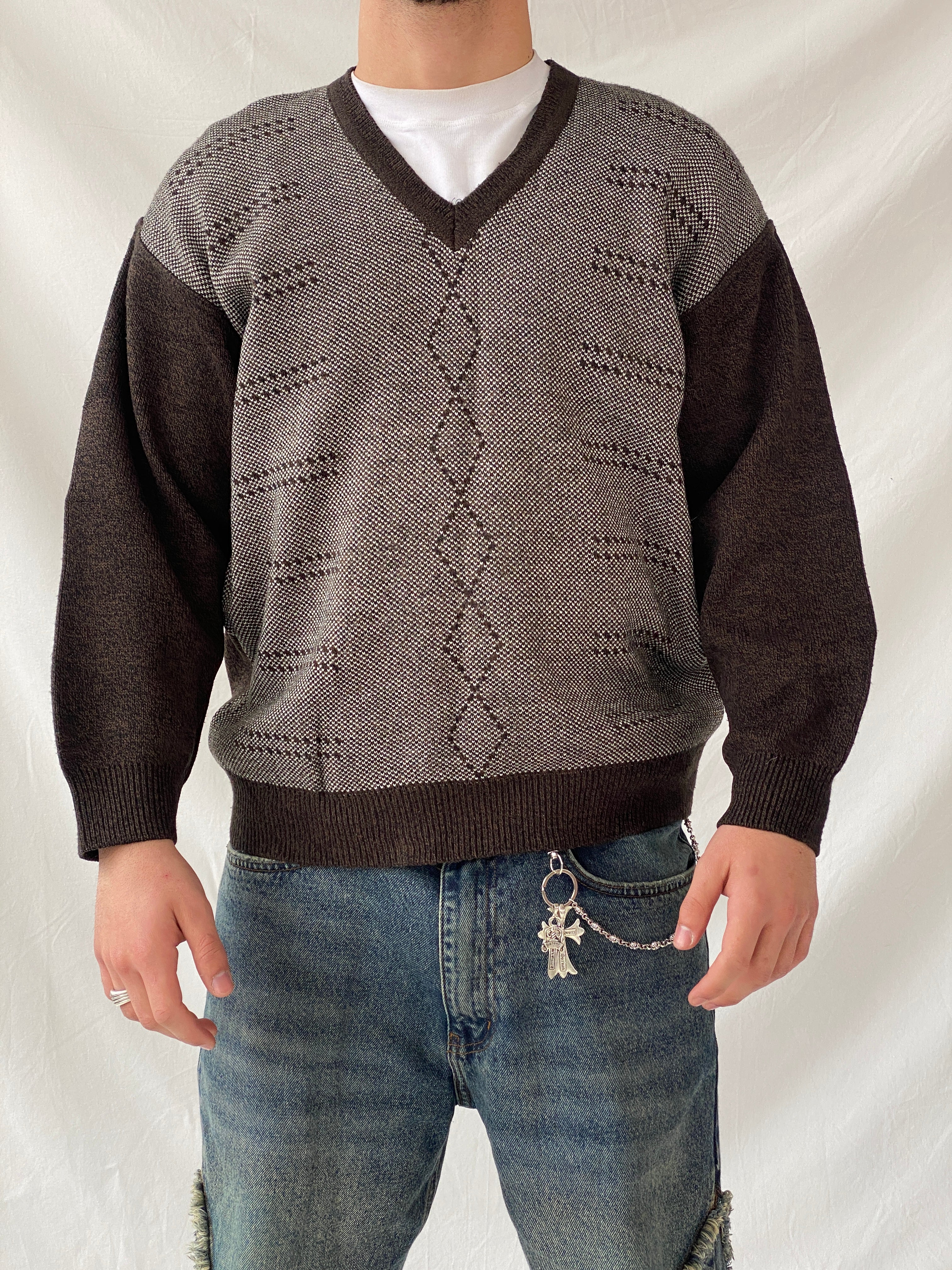 Vintage ÖzSalih Collection Brown Jumper V-Neck Knitted Sweater - M