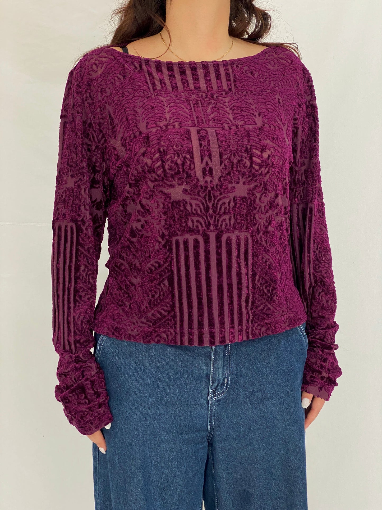 Vintage Wallis Purple Burnout Velvet Sheer Long Sleeve Top - XL
