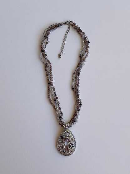 Vintage Y2K Silver-Tone Multi-Strand Beaded Floral Teardrop Pendant Necklace