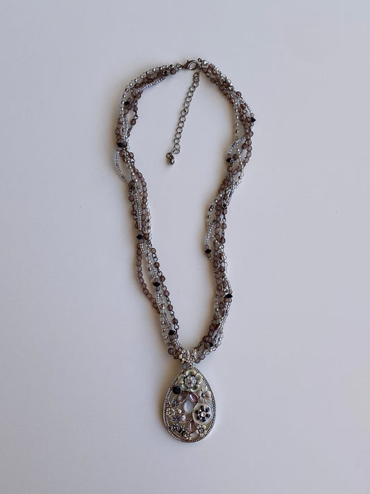 Vintage Y2K Silver-Tone Multi-Strand Beaded Floral Teardrop Pendant Necklace