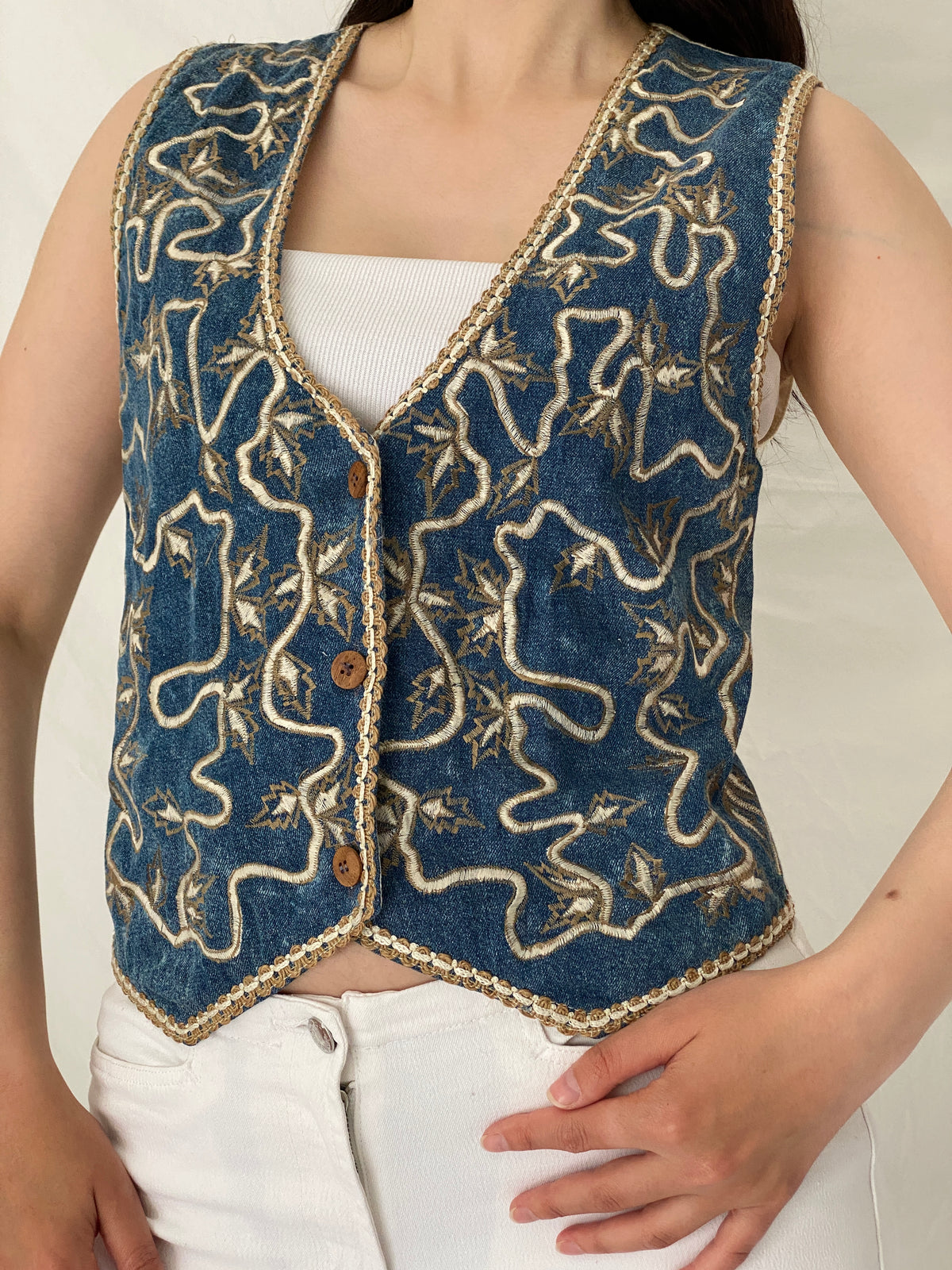 Vintage Agapo Embroidered Denim Vest Blue Cotton Boho Tie Back Waistcoat - M Vintage Agapo Embroidered Denim Vest Blue Cotton Boho Tie Back Waistcoat - M