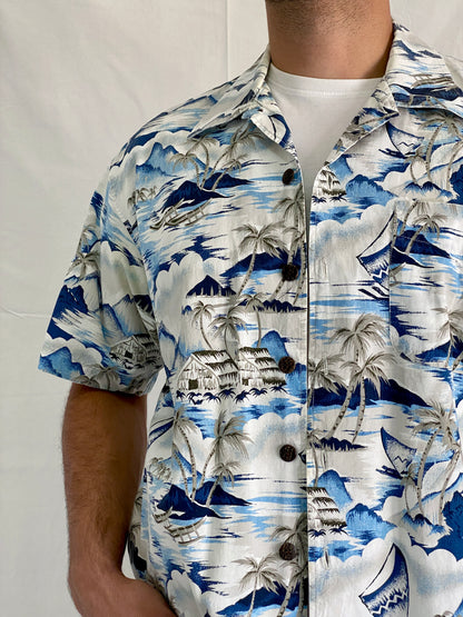 Vintage Cherokee Cotton Tropical Blue Island Men’s Hawaiian Shirt - L