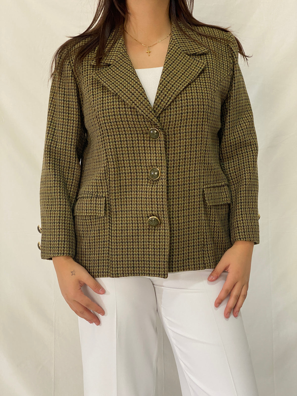 Vintage Alta Costura Olive Green Houndstooth Office Blazer - L Vintage Alta Costura Olive Green Houndstooth Office Blazer - L