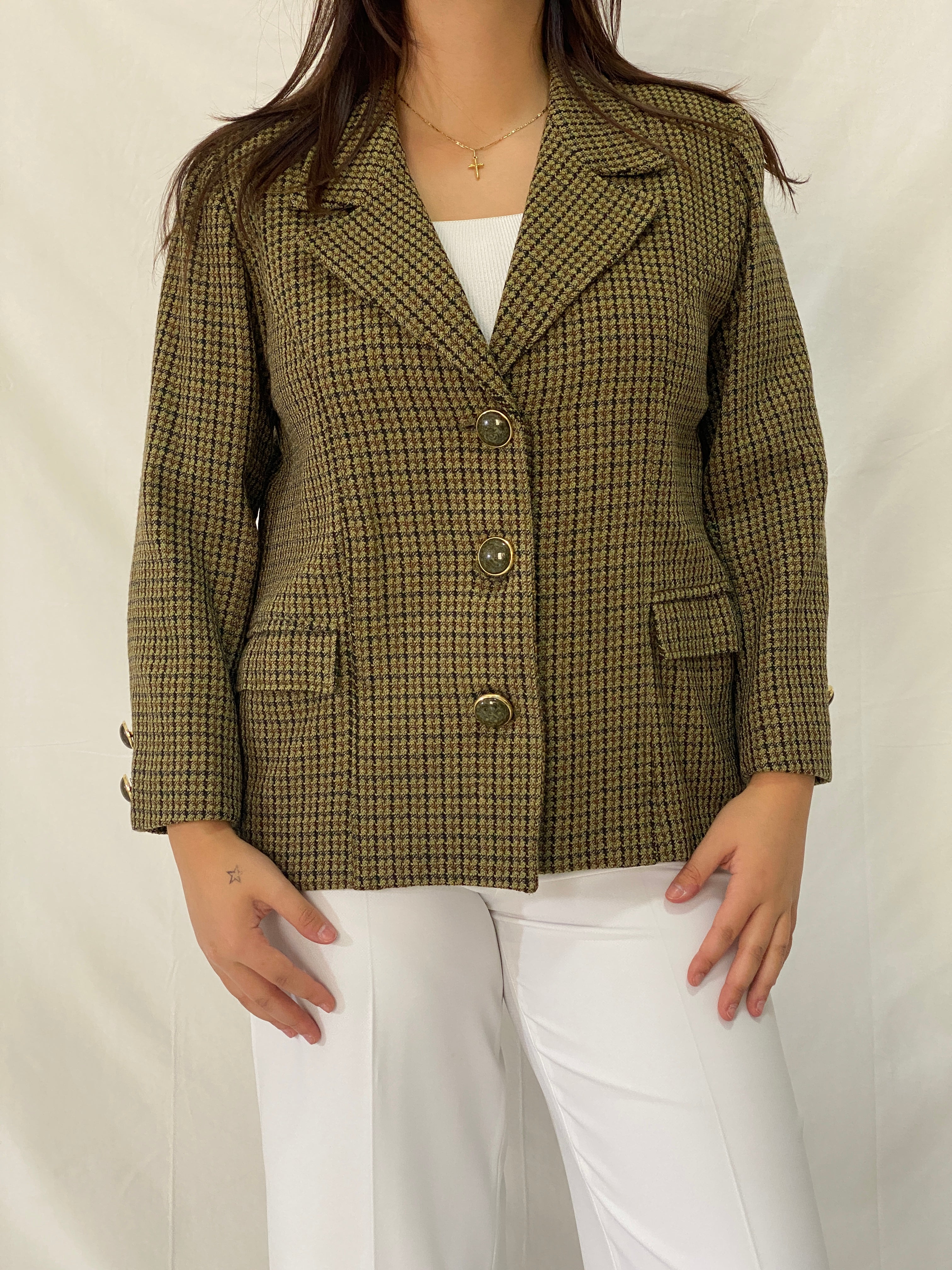 Vintage Alta Costura Olive Green Houndstooth Office Blazer - L