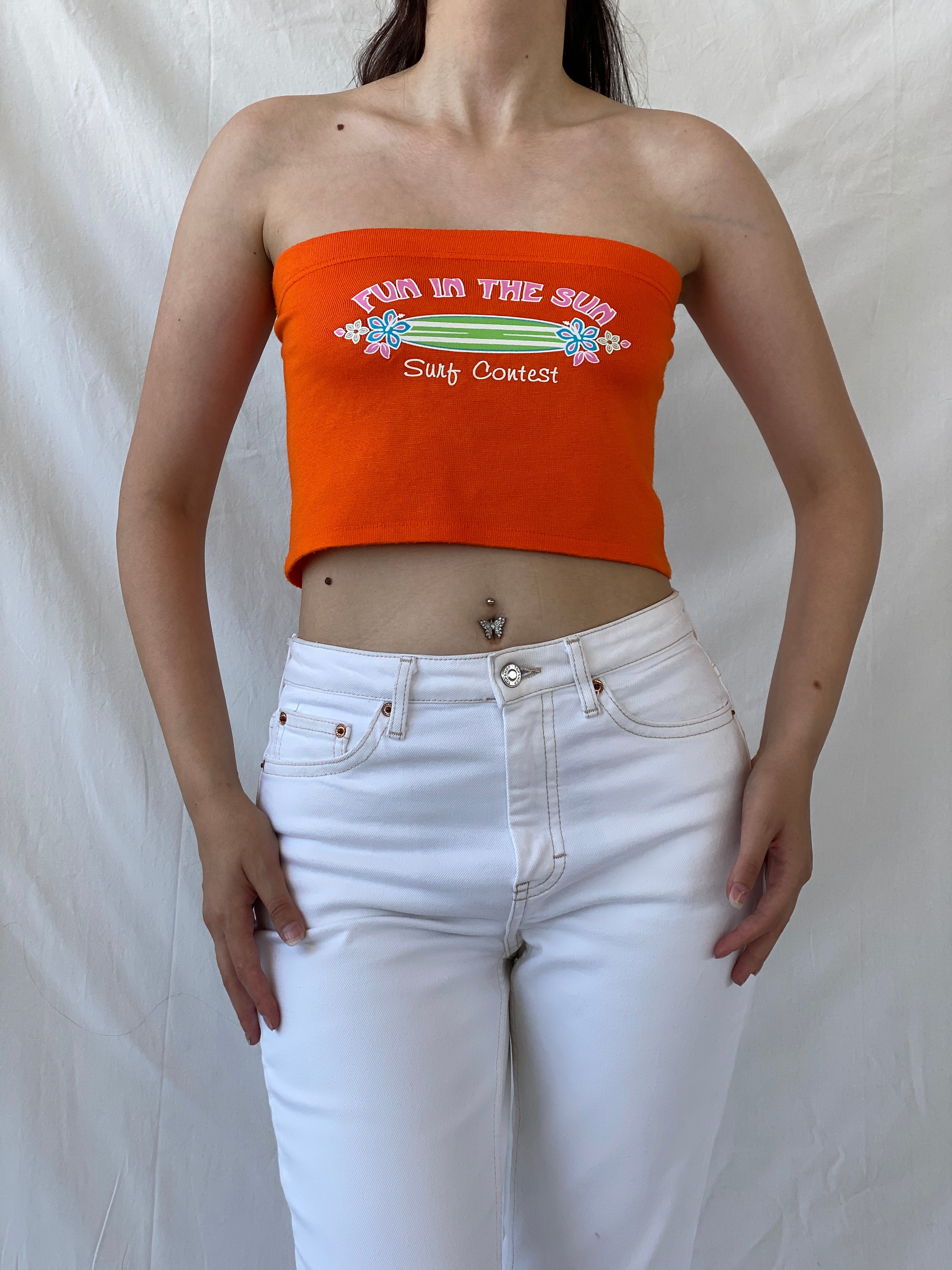 Y2K SAND N SUN Graphic Orange Surf Contest Bandeau Tube Top - M