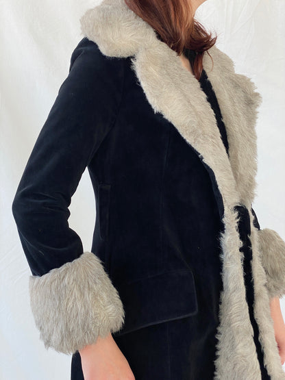 Vintage 90s Wild Rose Penny Lane Black Faux Grey Fur Afghan Style Coat - M