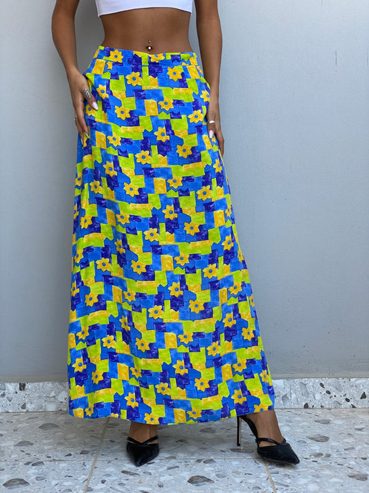 Vintage 90s Turkuaz Multicolor Geometric Floral A-Line Maxi Skirt - S