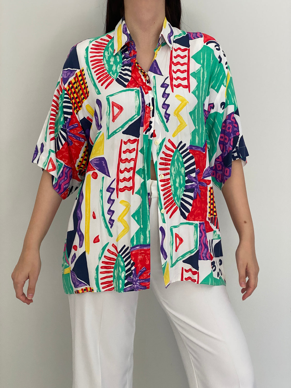 Vintage 90s Canda White Multicolor Abstract Art Print Oversized Shirt – XL