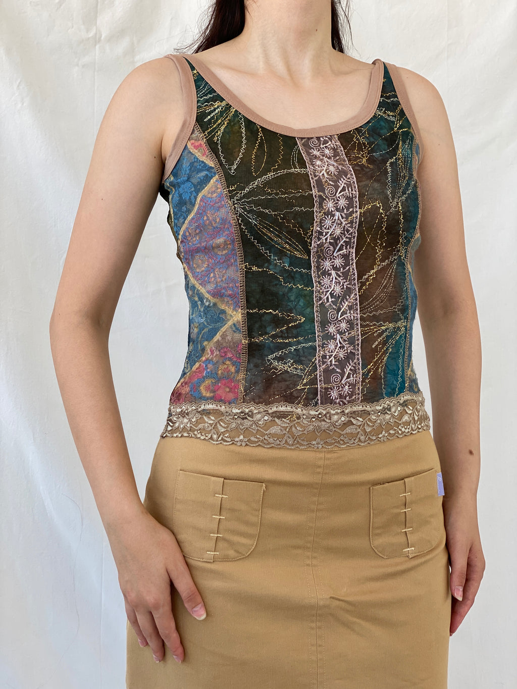 Lulu H Paris Mesh Patchwork Lace Trim Indie Fairycore Tank Top - S