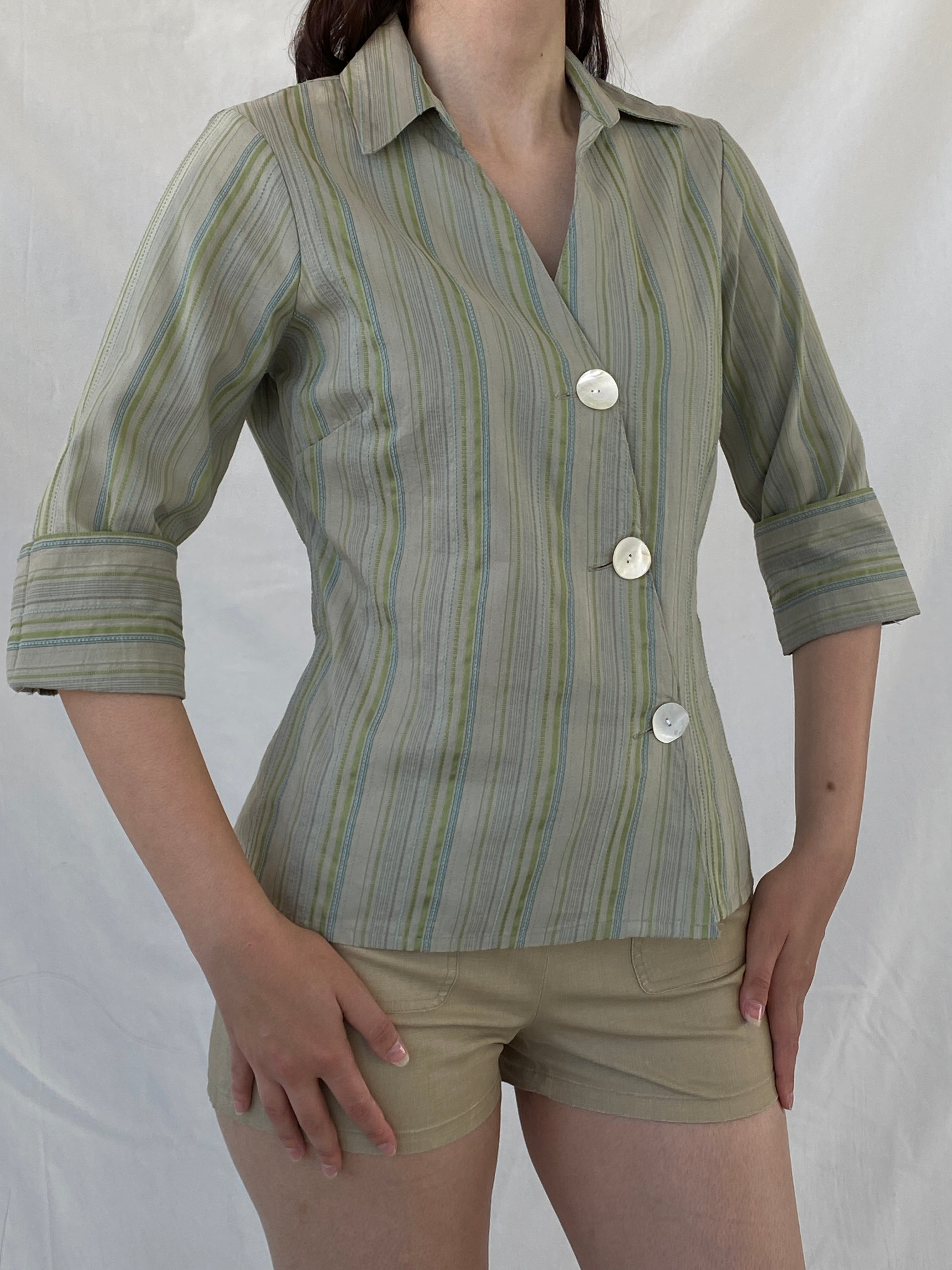 Y2K Kiabi Woman Office Core Green Striped Asymmetric Buttoned Shirt - M