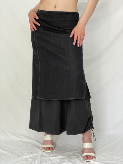 Y2K Fozmul Dark Navy Layered Denim Maxi Ruched Side Utility Aesthetic Skirt – M