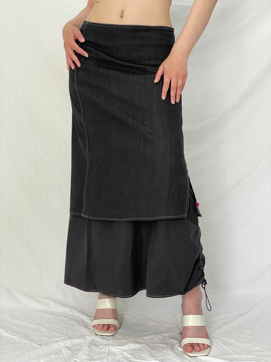 Y2K Fozmul Dark Navy Layered Denim Maxi Ruched Side Utility Aesthetic Skirt – M