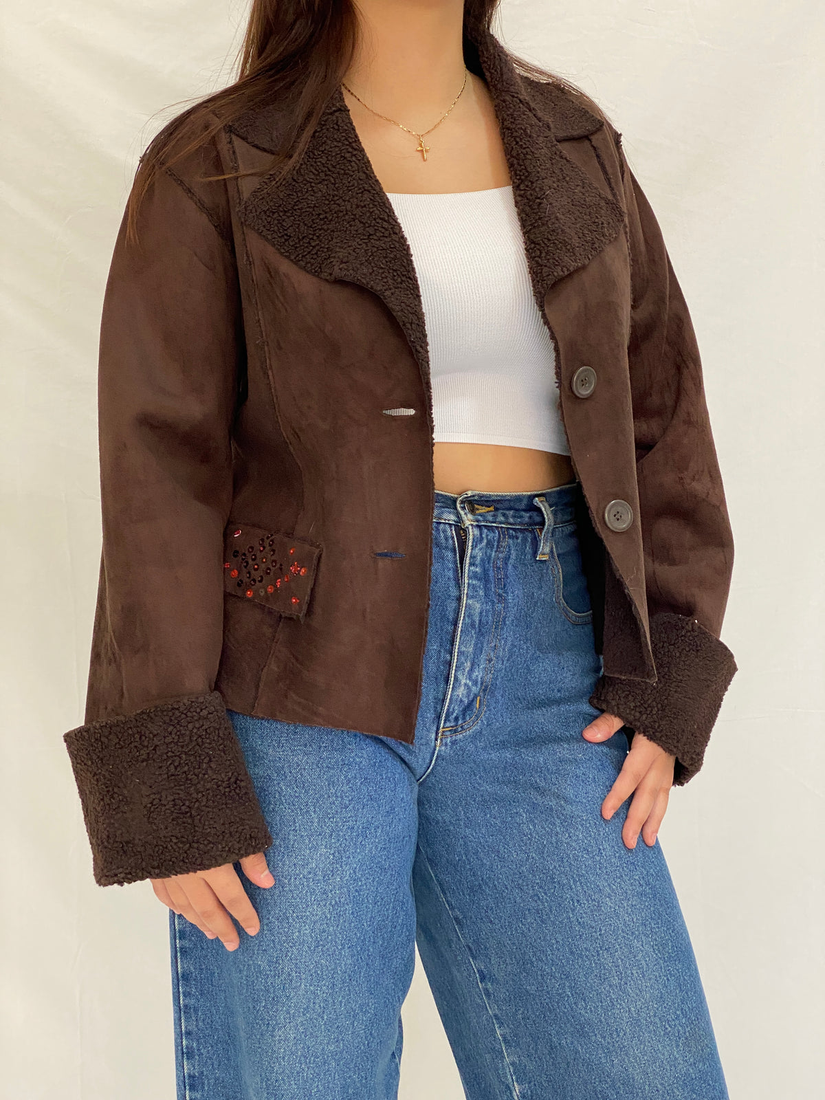 Y2K Together Brown Faux Suede Teddy Trim Jacket - L Y2K Together Brown Faux Suede Teddy Trim Jacket - L
