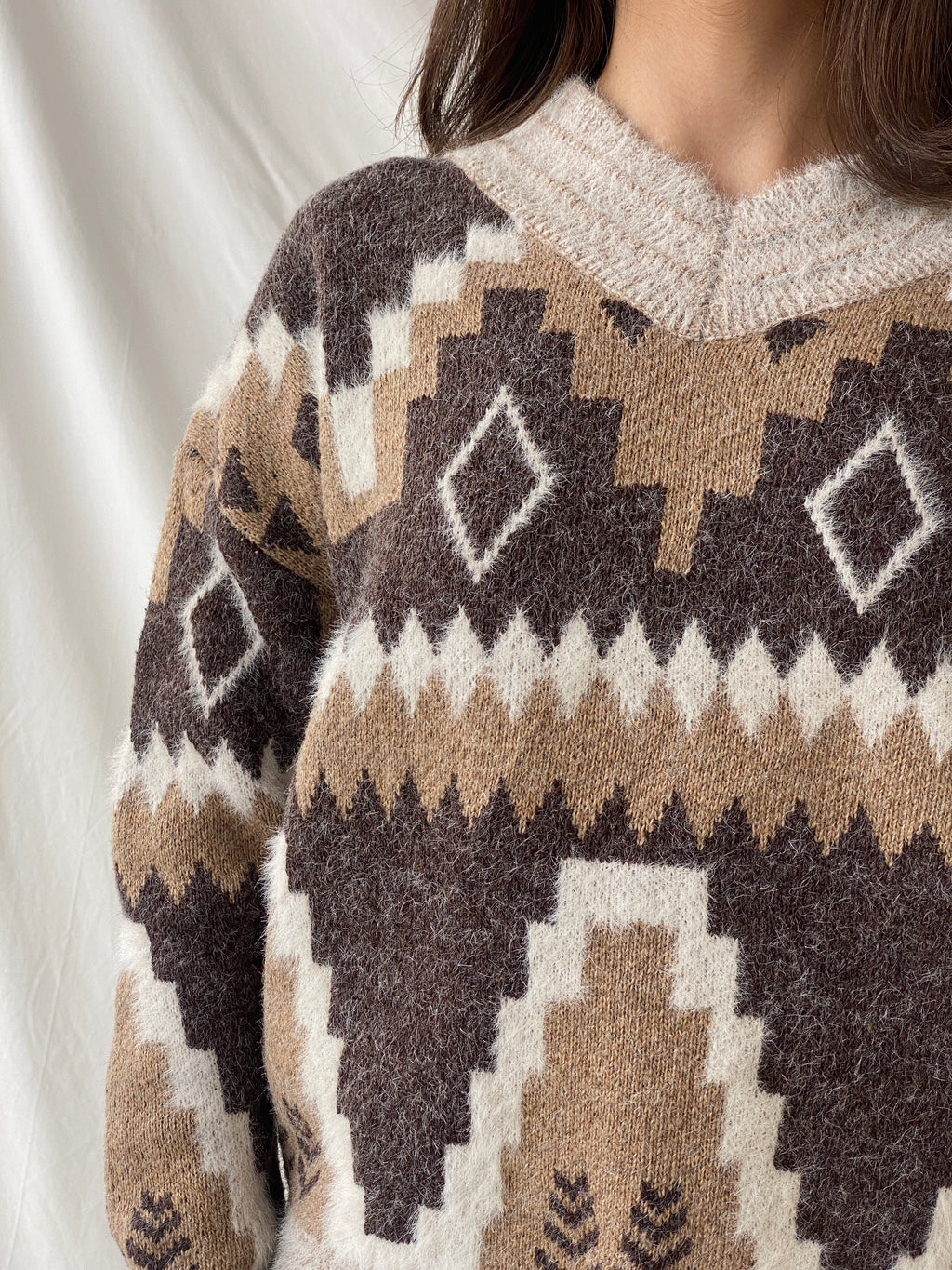 Vintage Wool & Mohair Geometric Icelandic Print V-Neck Handmade Knit Sweater - M