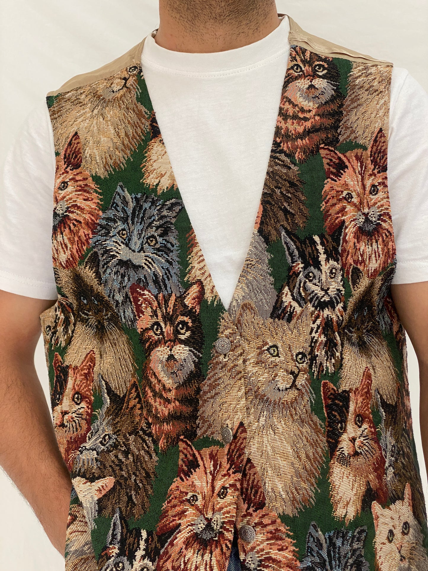 Vintage Partners II Cat Tapestry Cotton Blend Vest Novelty Animal Boho Waistcoat – L