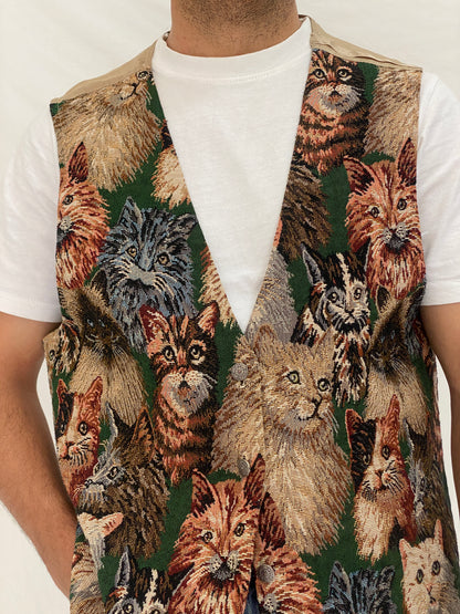 Vintage Partners II Cat Tapestry Cotton Blend Vest Novelty Animal Boho Waistcoat – L