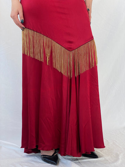 Absolutely Beautiful Ranjana Khan Burgundy Silk Gold Metal Fringe Sleeveless V-Neck Gown - S