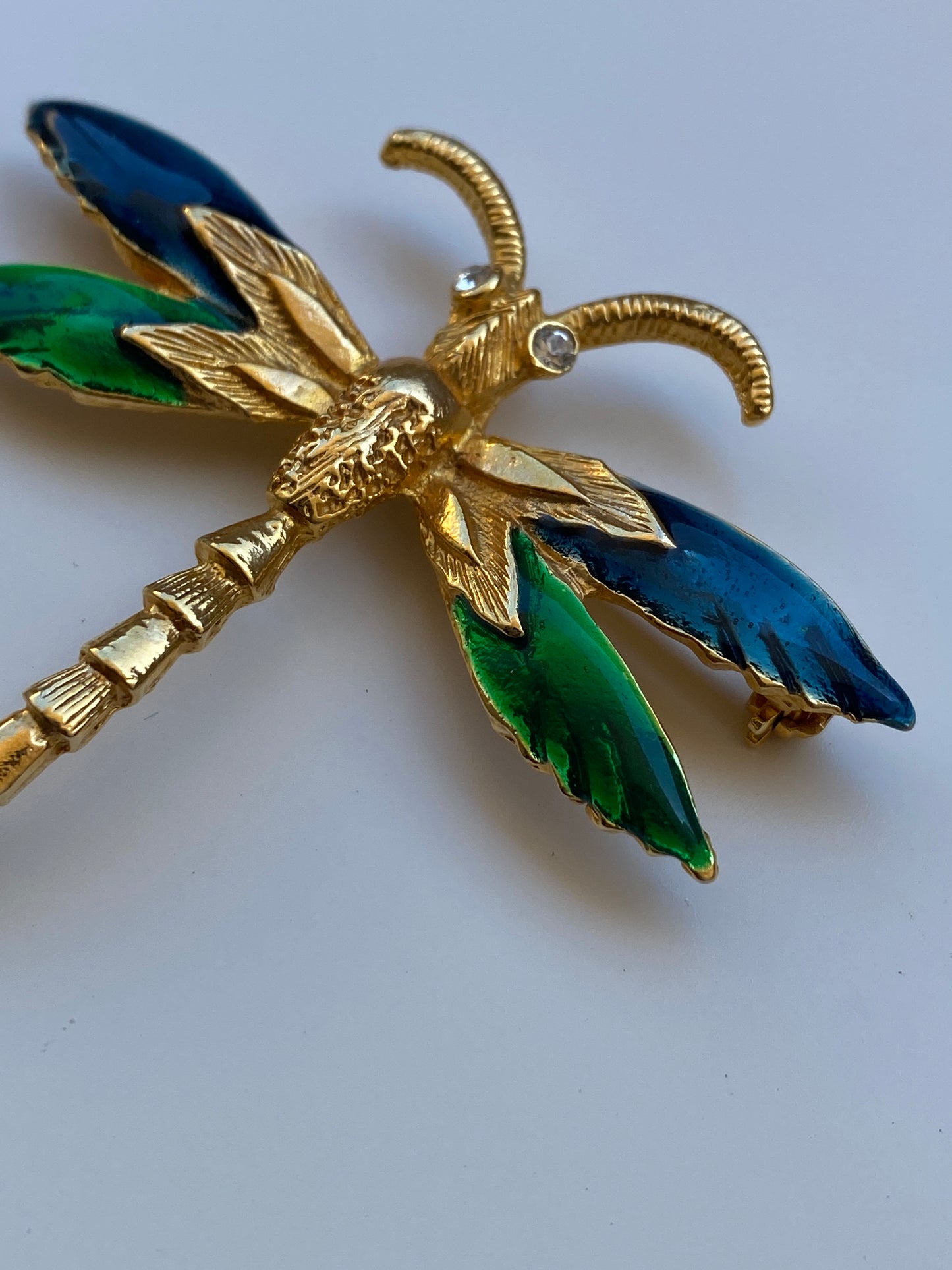 Vintage Gold Tone Enamel Dragonfly Brooch Blue & Green Winged Statement Pin