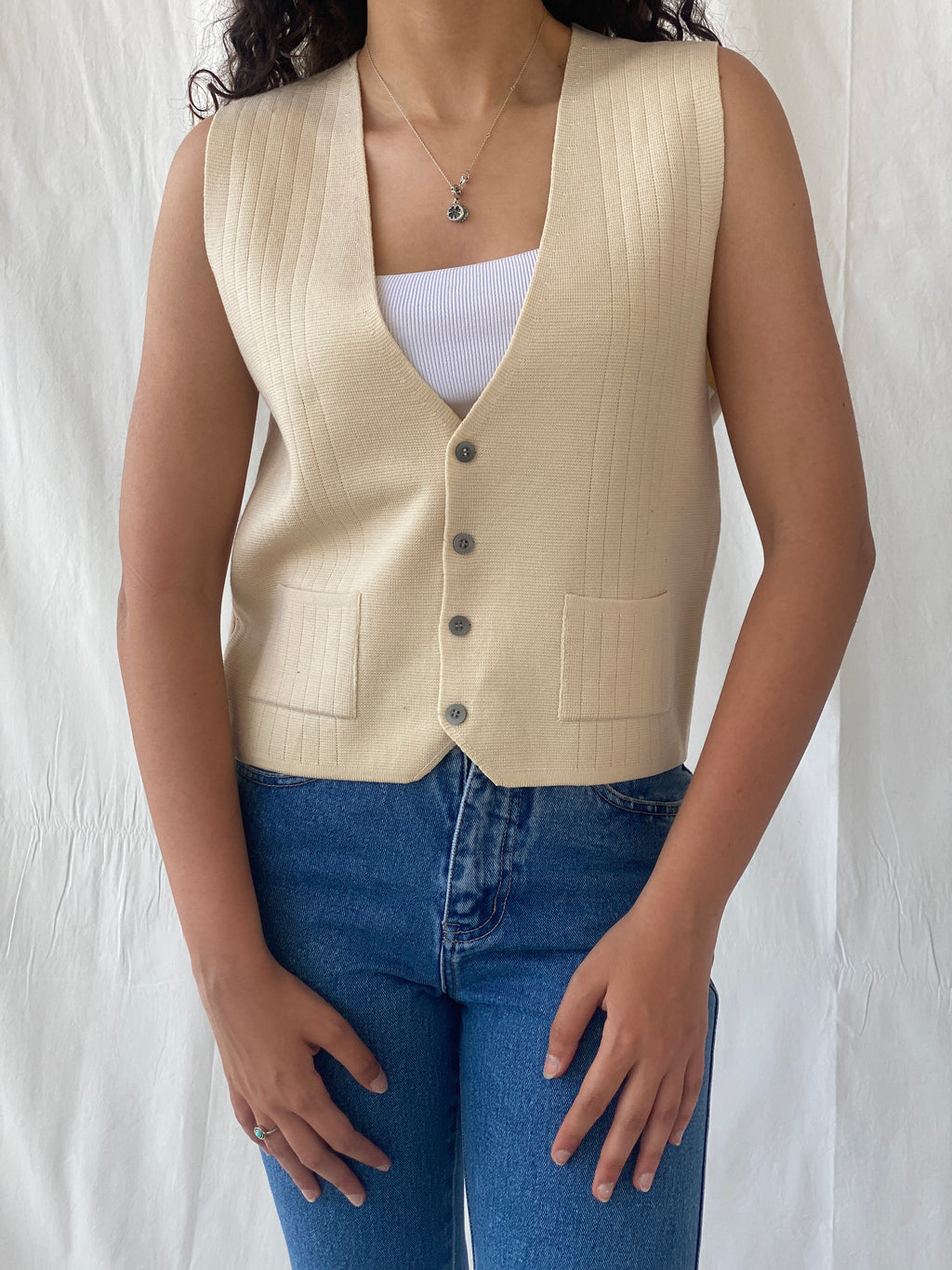 Vintage Charm Square Beige Vest Cotton Blend Waistcoat - L