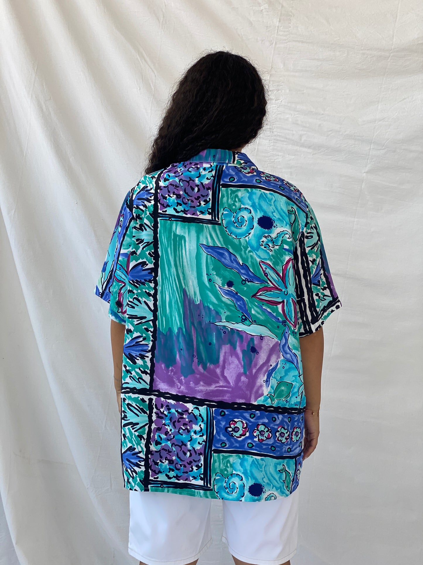 Statement Vintage Handmade Blue and Purple Floral Oversized Shirt - XL