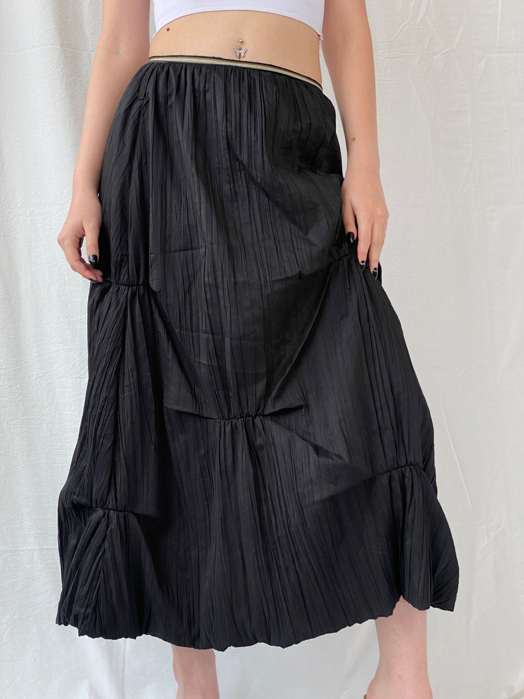 Vintage 90s French Archival Femmes Je Vous Aime Black Ruched Bubble Maxi Skirt - L