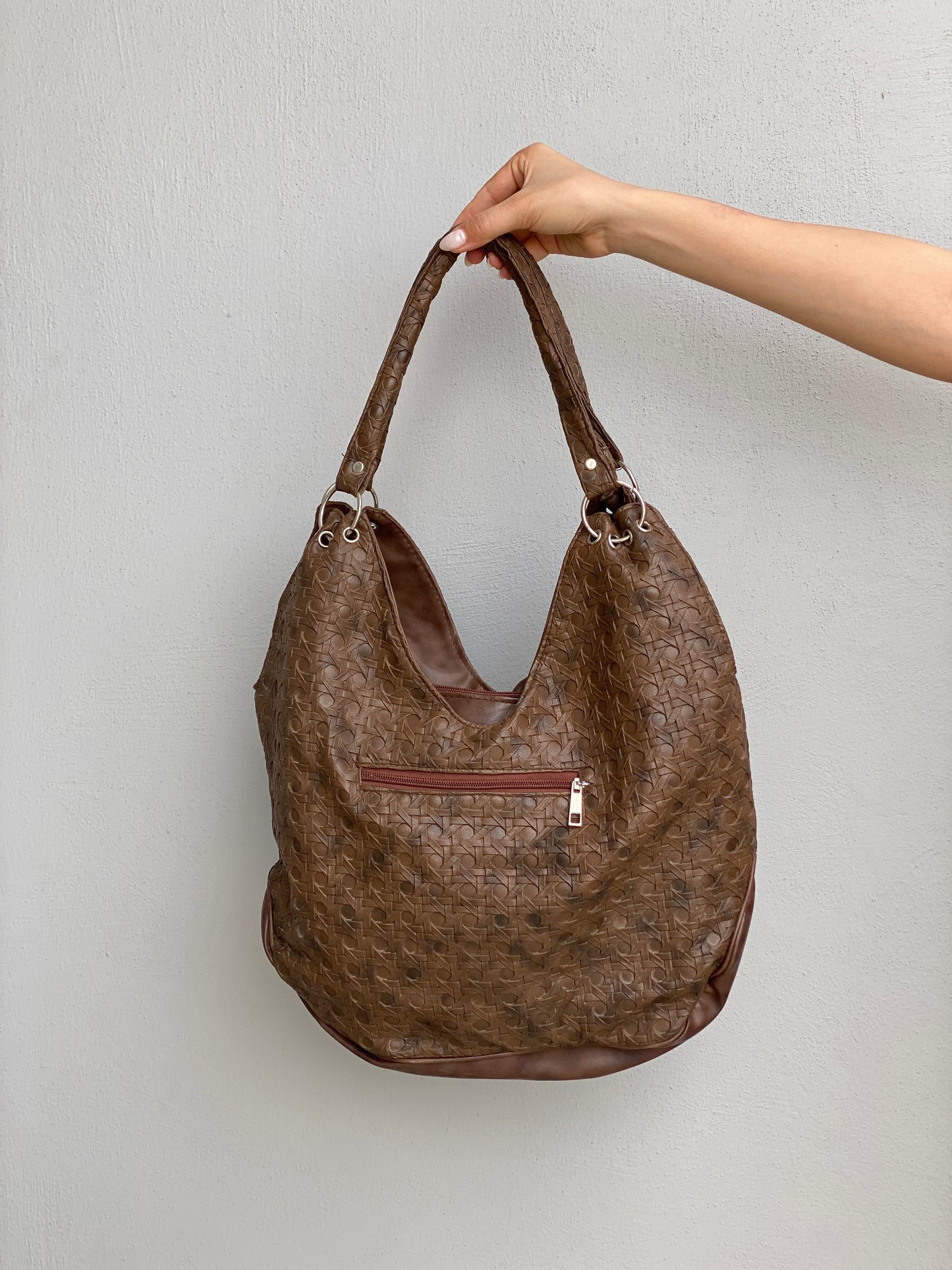 Vintage Y2K Brown Embossed Leather Hobo Bag Woven Texture Slouchy Shoulder Bag