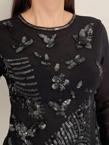 Vintage Poncho Black Mesh Beaded Sequin Butterfly Floral Top – S