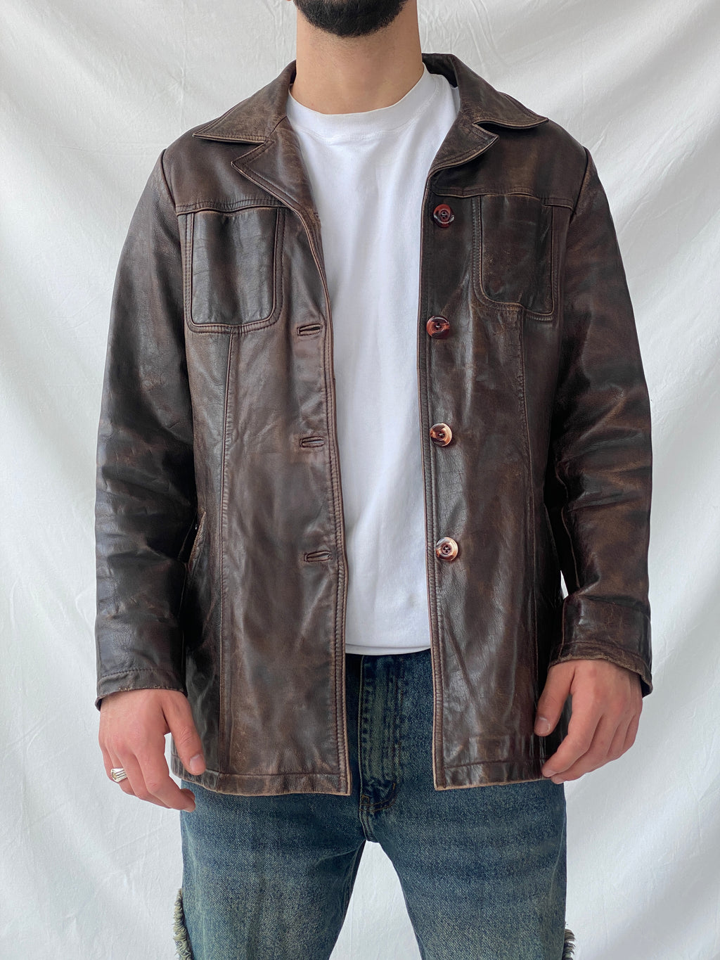 Vintage Saki Leather Brown Genuine Leather Buttoned Blazer Coat - M