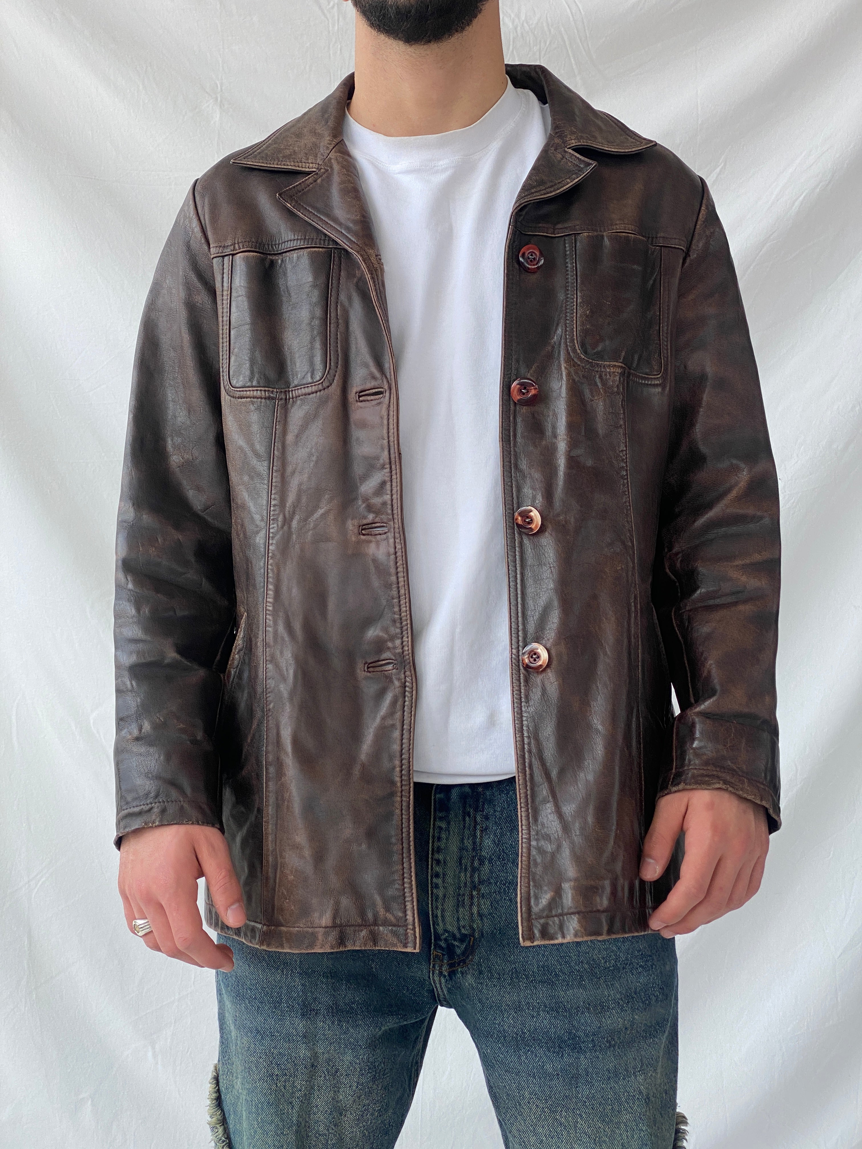 Vintage Saki Leather Brown Genuine Leather Buttoned Blazer Coat - M