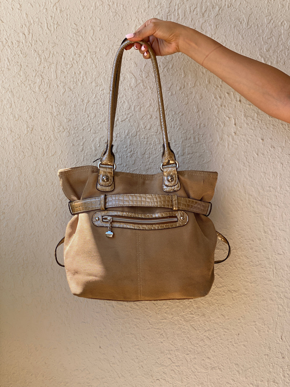 Vintage Y2K Kathy Van Zeeland Tan Canvas & Faux Croc Shoulder Tote Bag Vintage Y2K Kathy Van Zeeland Tan Canvas & Faux Croc Shoulder Tote Bag