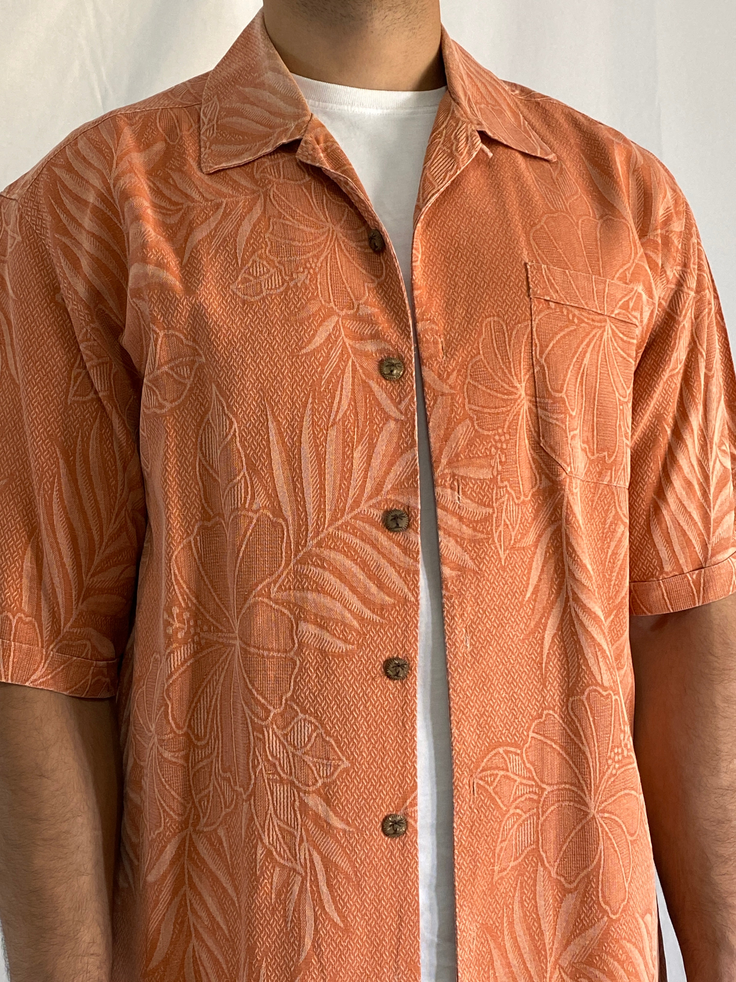 Jamaica Jaxx Silk Orange Hawaiian Camp Tropical Floral Print Men’s Short Sleeve Shirt - M