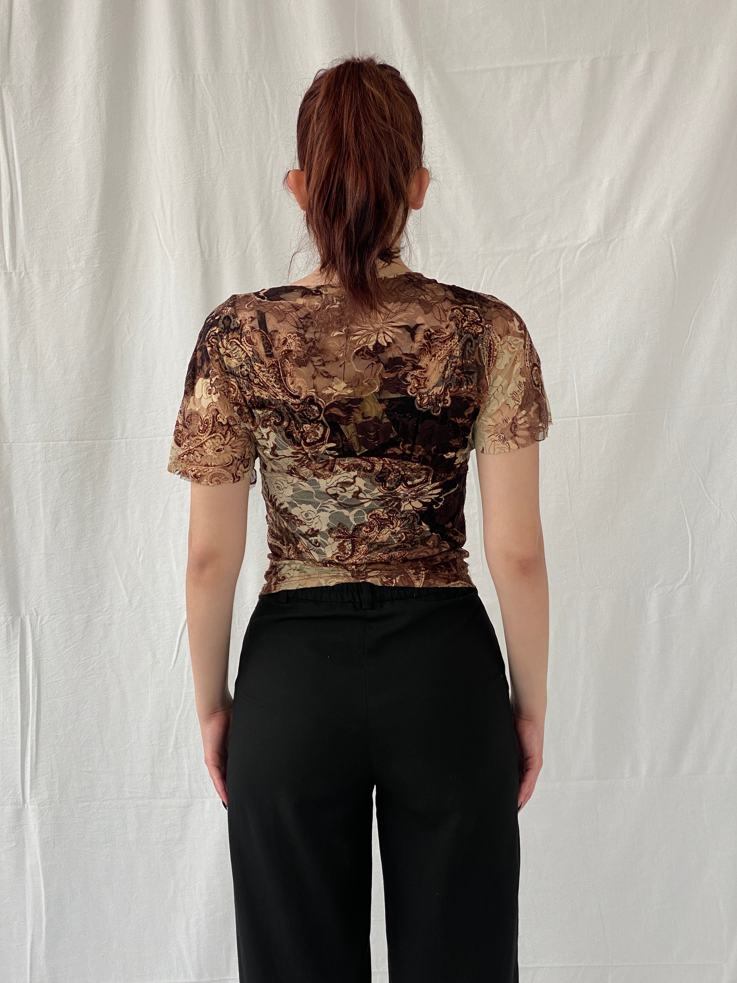 Vintage Y2K BSB Collection Brown Floral Lace V-Neck Women’s Top - S