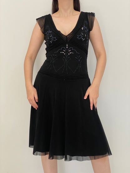 Y2K Mexx Black Beaded Mesh Drop Waist Midi Dress – M