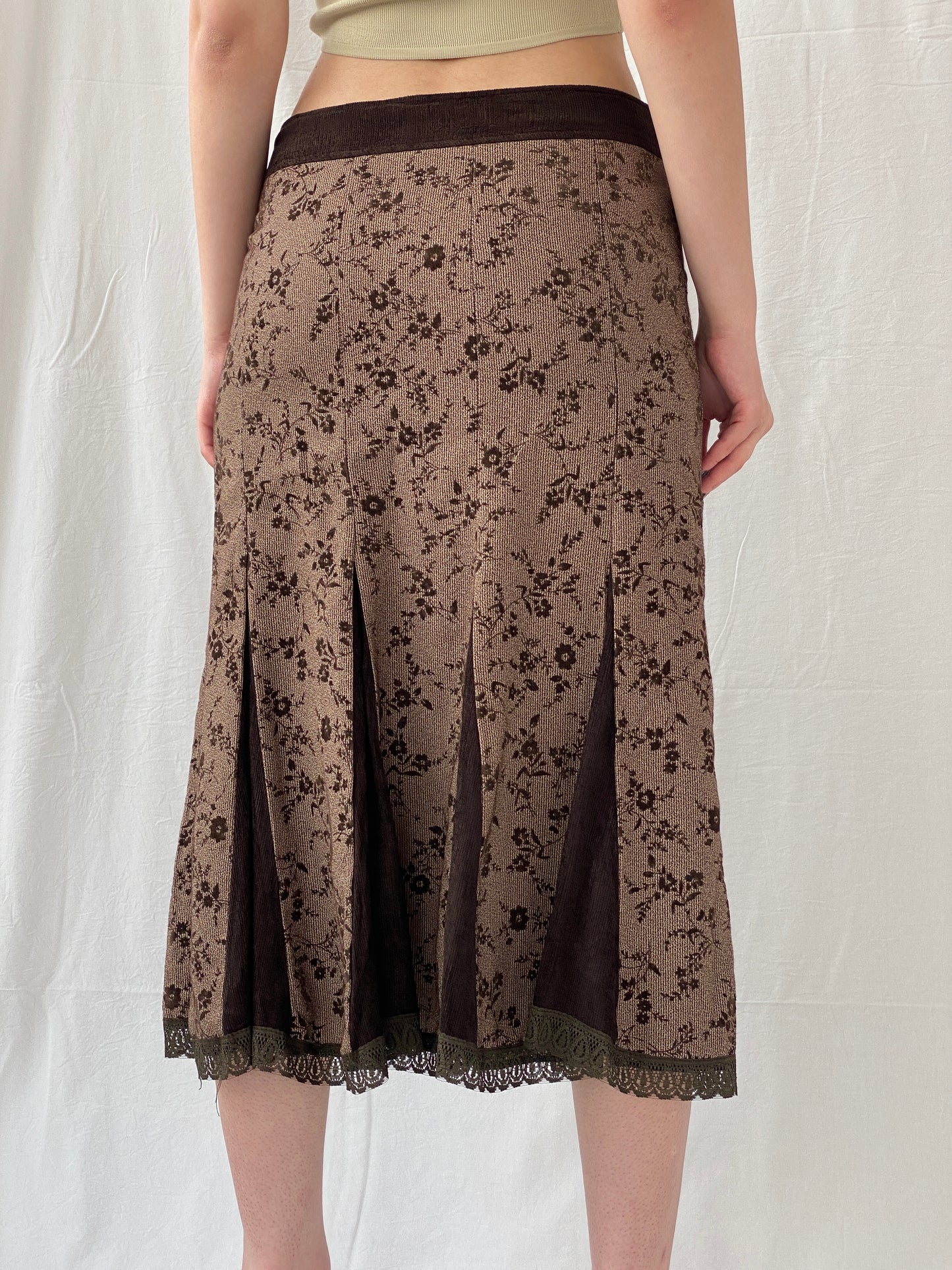 Vintage Floral Brown Lace Trim Pleated Corduroy Midi  Skirt - M