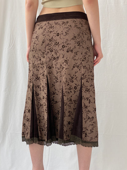 Vintage Floral Brown Lace Trim Pleated Corduroy Midi  Skirt - M