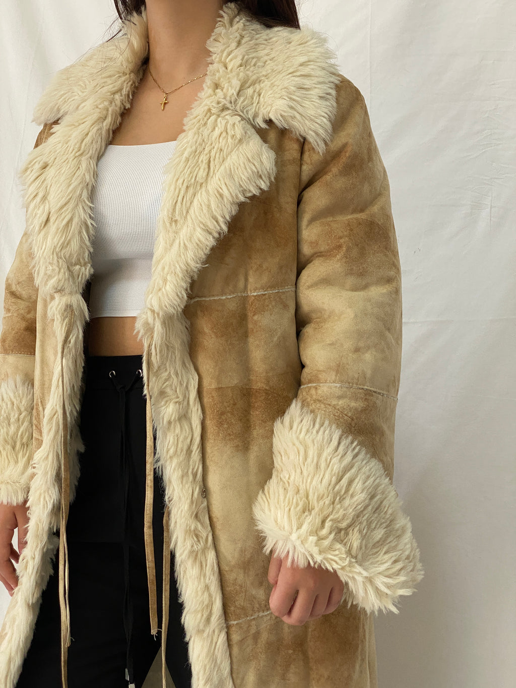 FREEHORN by Conbipel Faux Fur Lined Italian Genuine Leather Penny Lane Coat 70s Boho Jacket - XL