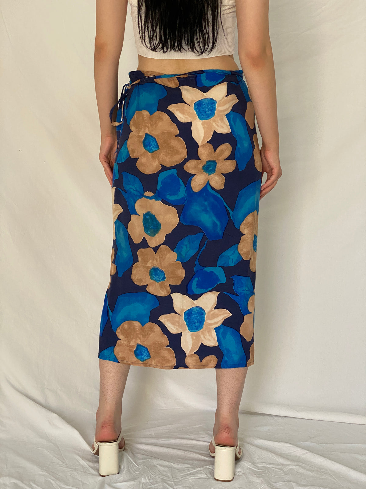 Vintage 1990s Blue & Tan Abstract Floral Wrap Midi Skirt - M Vintage 1990s Blue & Tan Abstract Floral Wrap Midi Skirt - M